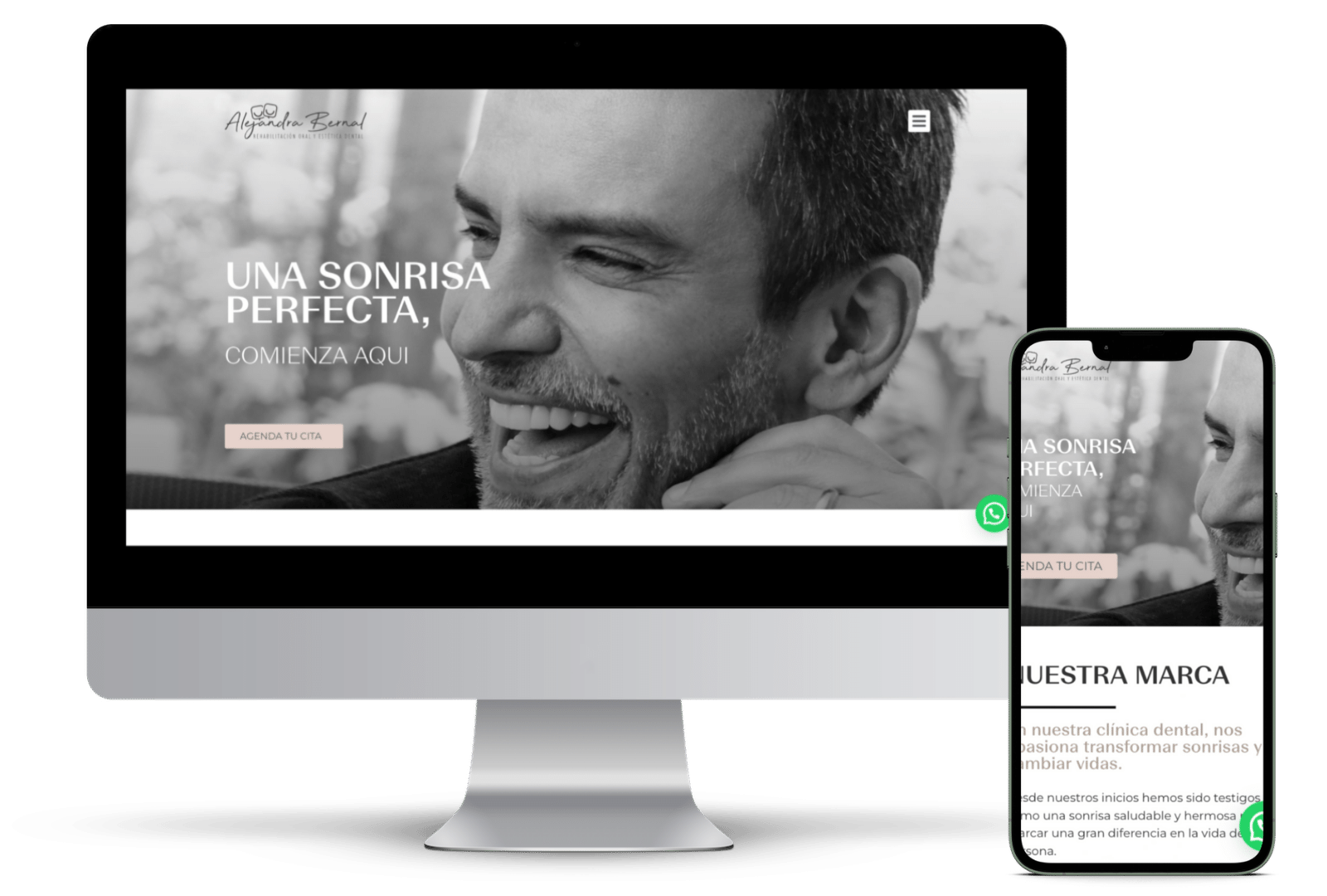 Hombre riendo en sitio web de clínica dental, optimizado para móviles.