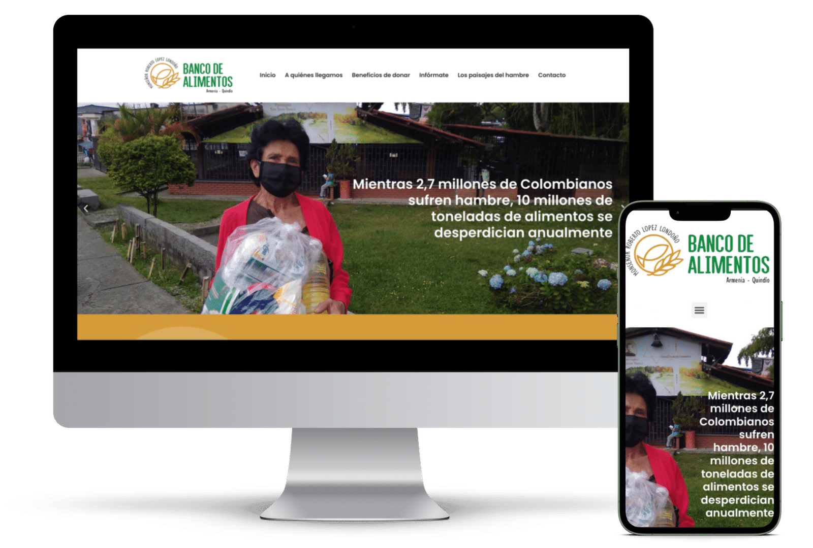 Mujer con bolsa de alimentos frente a campaña del Banco de Alimentos.