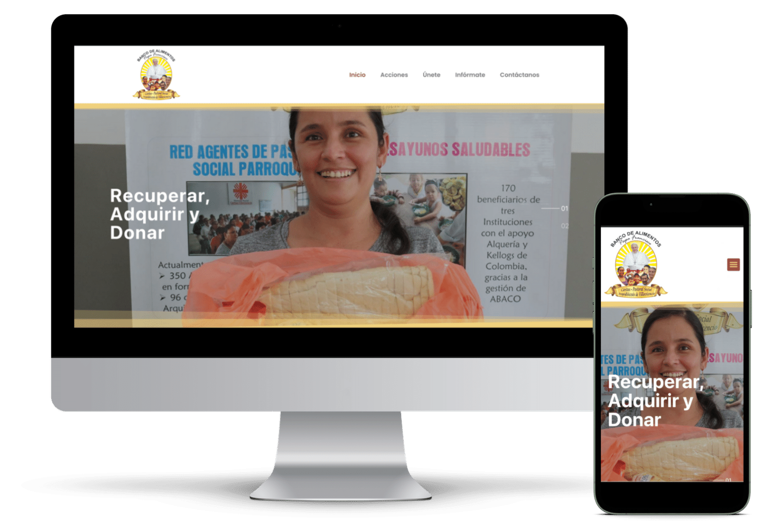 Mujer sonríe sosteniendo pan, web del Banco de Alimentos.