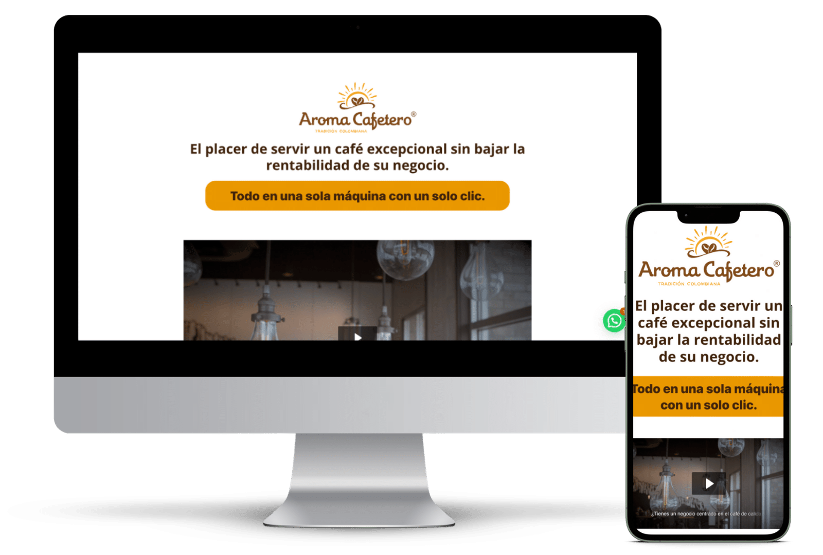 Pantalla de ordenador y móvil con mensaje de Aroma Cafetero.