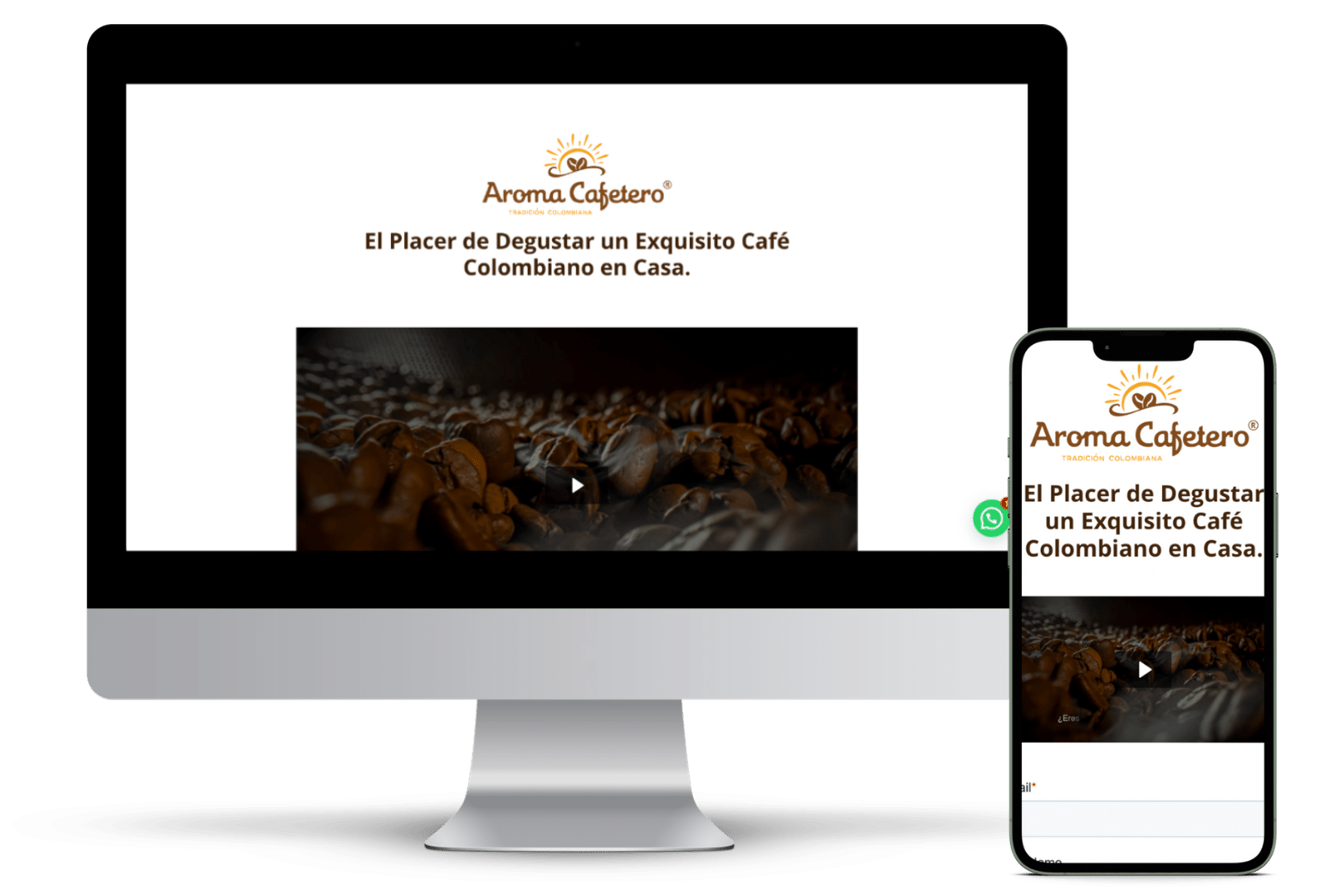 Pantalla de ordenador y móvil mostrando café Aroma Cafetero