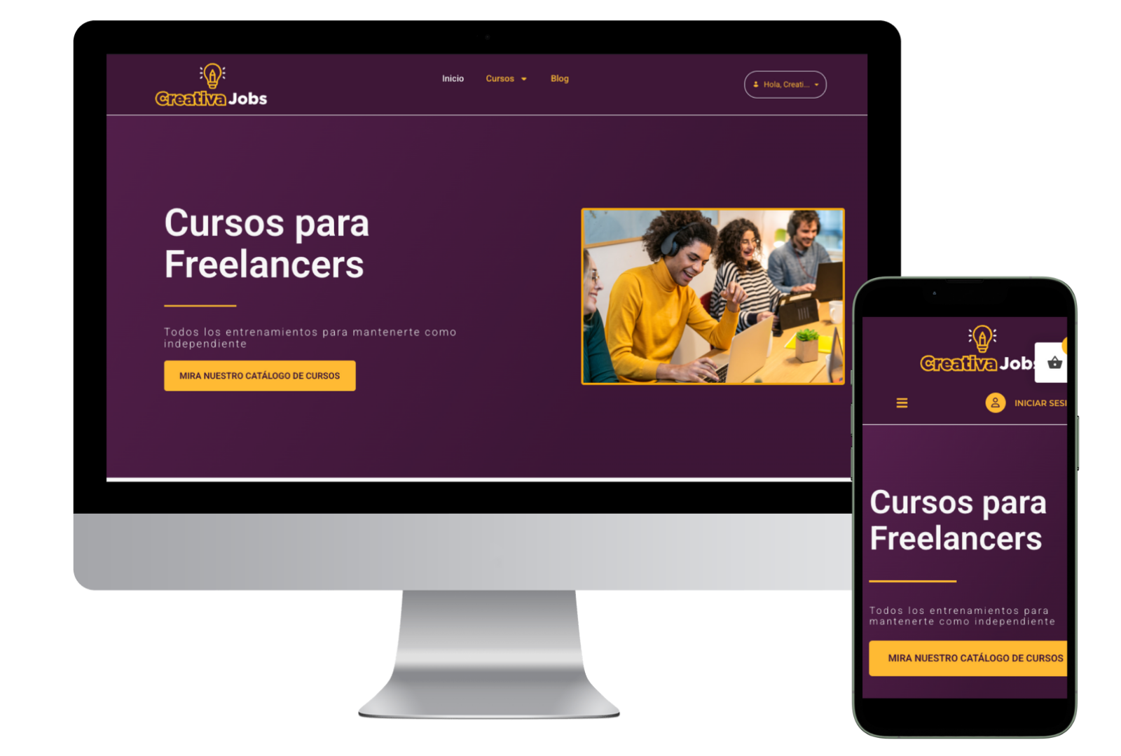 Página web de cursos para freelancers en pantalla de ordenador y móvil.