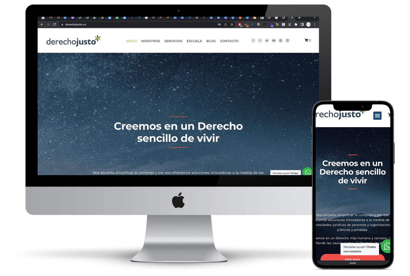 Pantallas de ordenador y móvil mostrando la web Derecho Justo