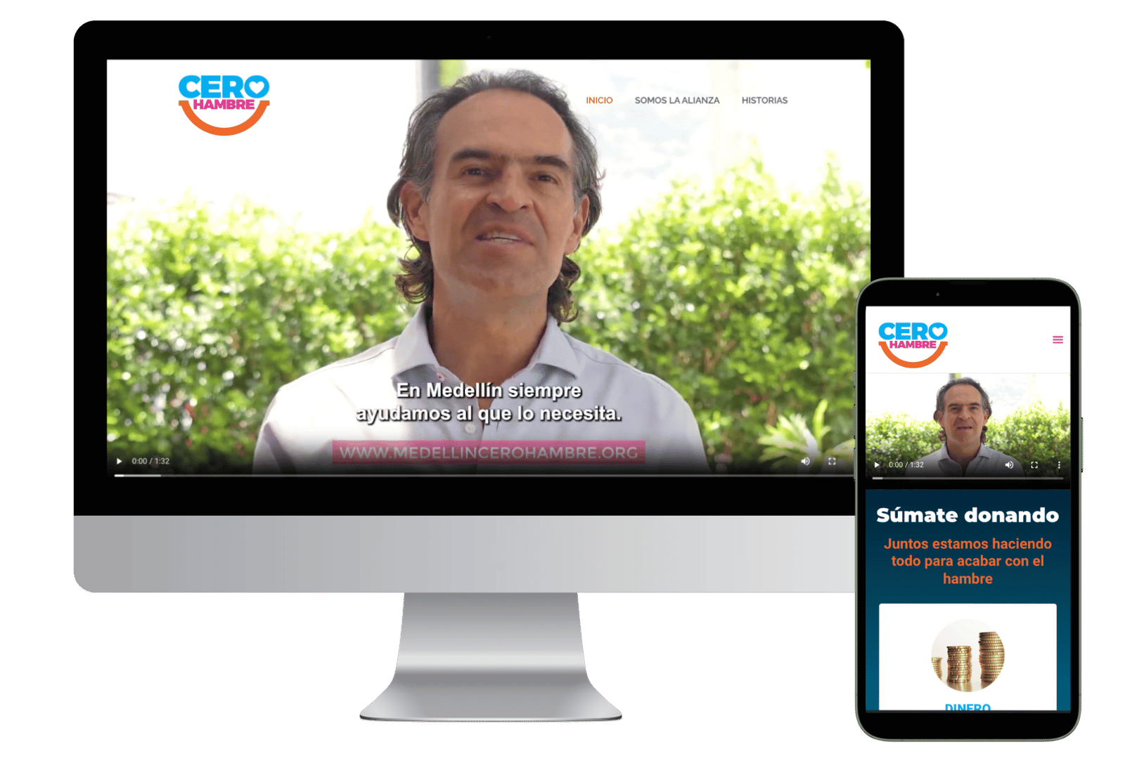 Campaña contra el hambre "Cero Hambre" en un monitor y teléfono.